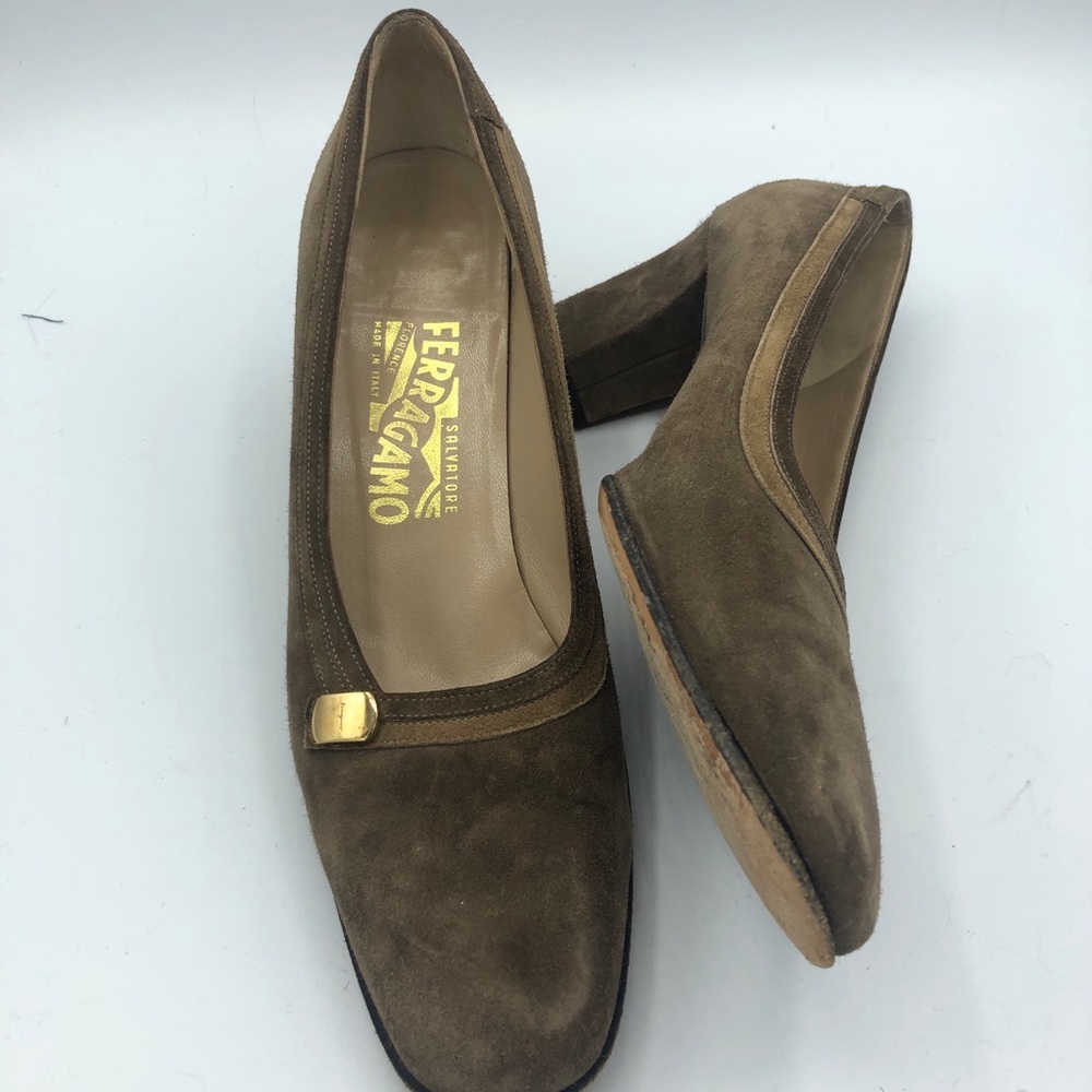 Salvatore Ferragamo Brown Suede Square Toe Pumps